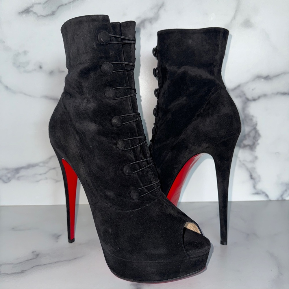 Christian Louboutin Lady Tutu Black Suede Peep Toe Boots Size EU 42 / US 12